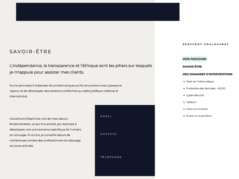 Site internet Geoffroy Coulouvrat, menu latéral de navigation