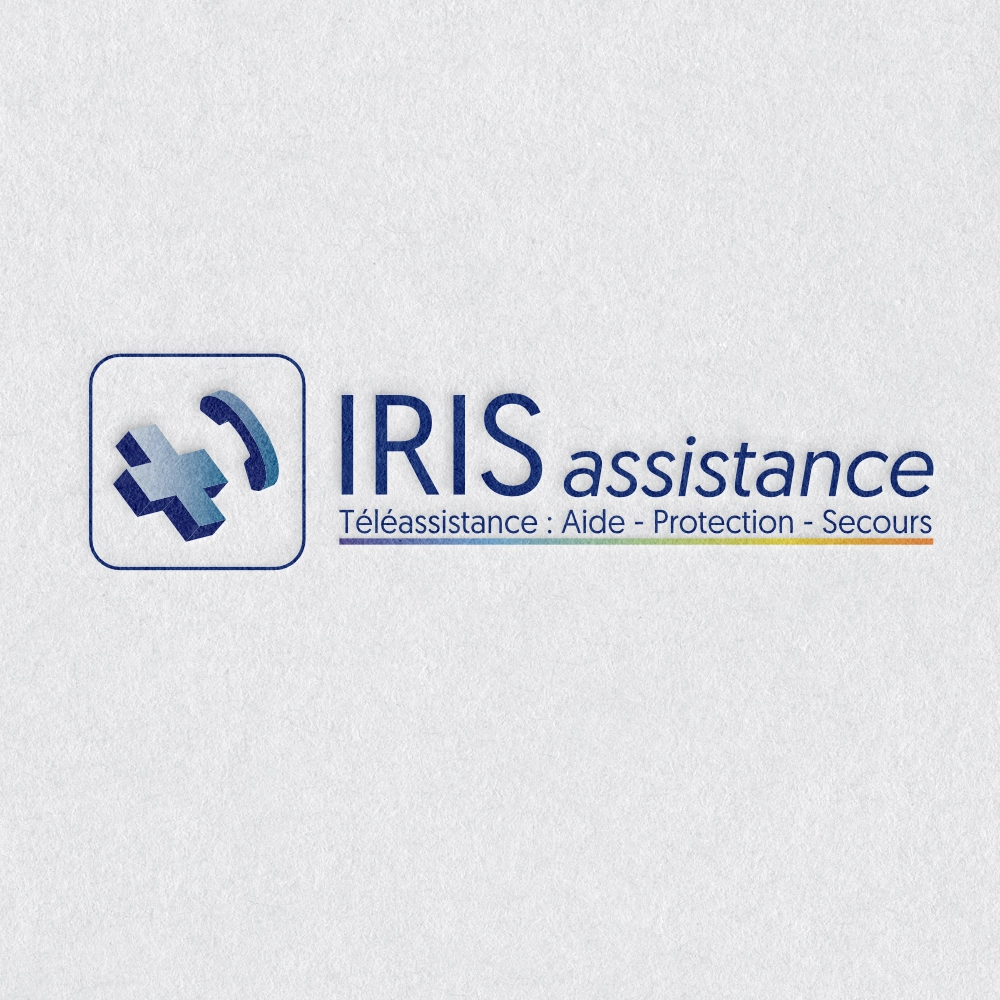 Logo Iris Assistance — téléphone bleu et liseré arc-en-ciel